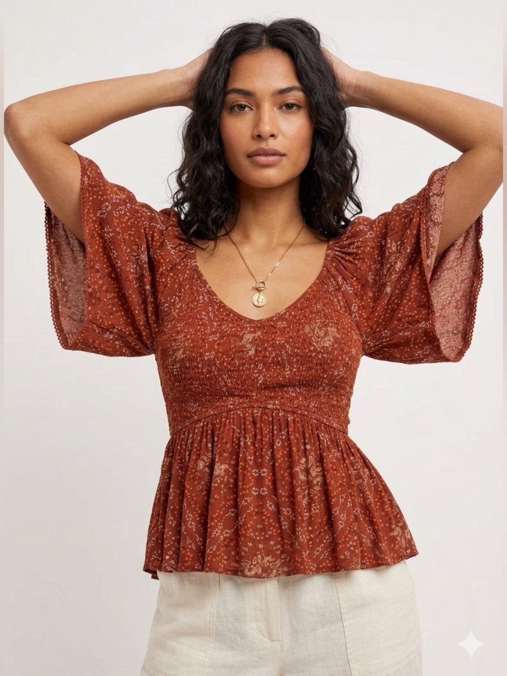 Hem & Thread Fields Of Asters Floral Smocked Peplum Top Rust Brown L
